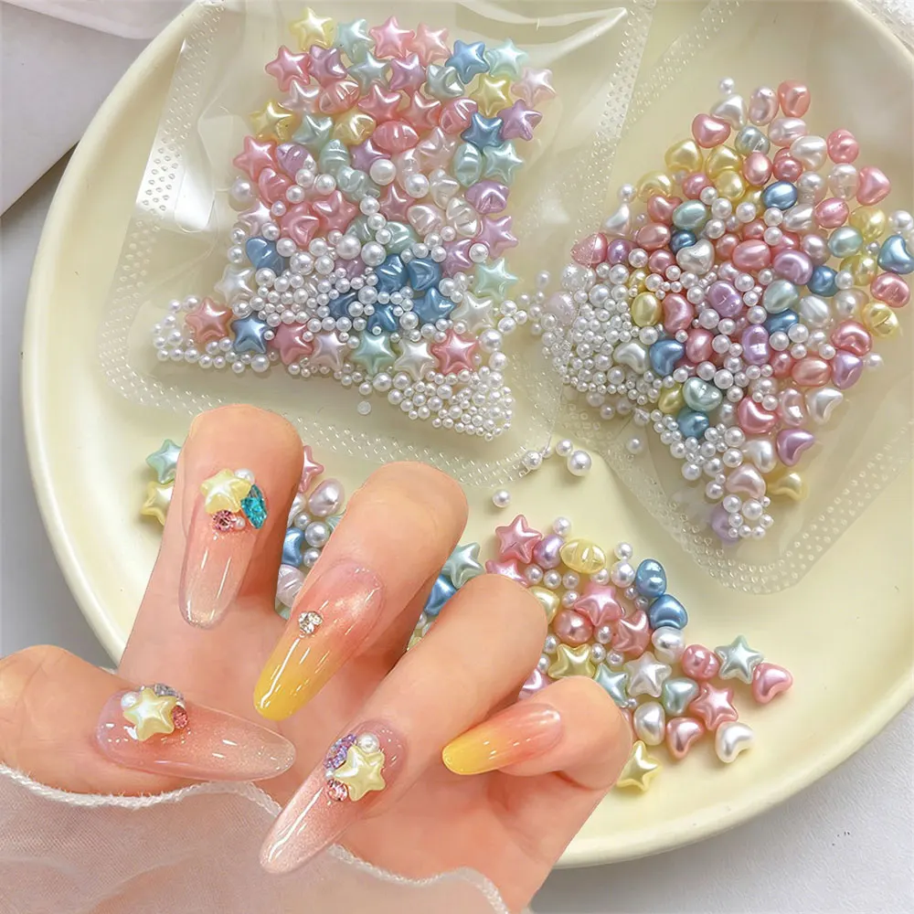 50pcs Macaron Shimmer Star Heart Nail Art Charms Pastel Star Love & Mini Pearl Resin Nail Decorations Bead DIY Manicure & Crafts