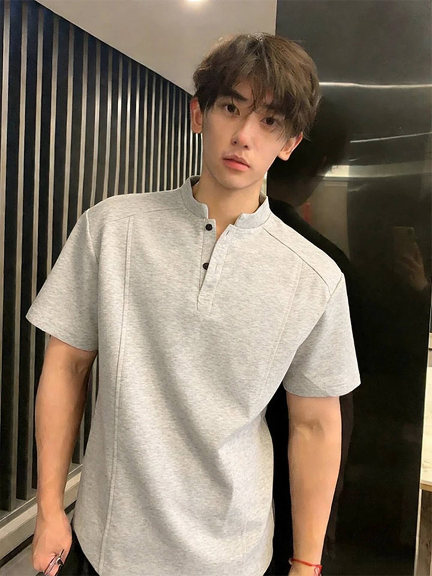 

ay Henley Ne ort Sve Men's T-irt Heavy oulder American Retro Five Sve irt Summer Breathable Cotton Pol...