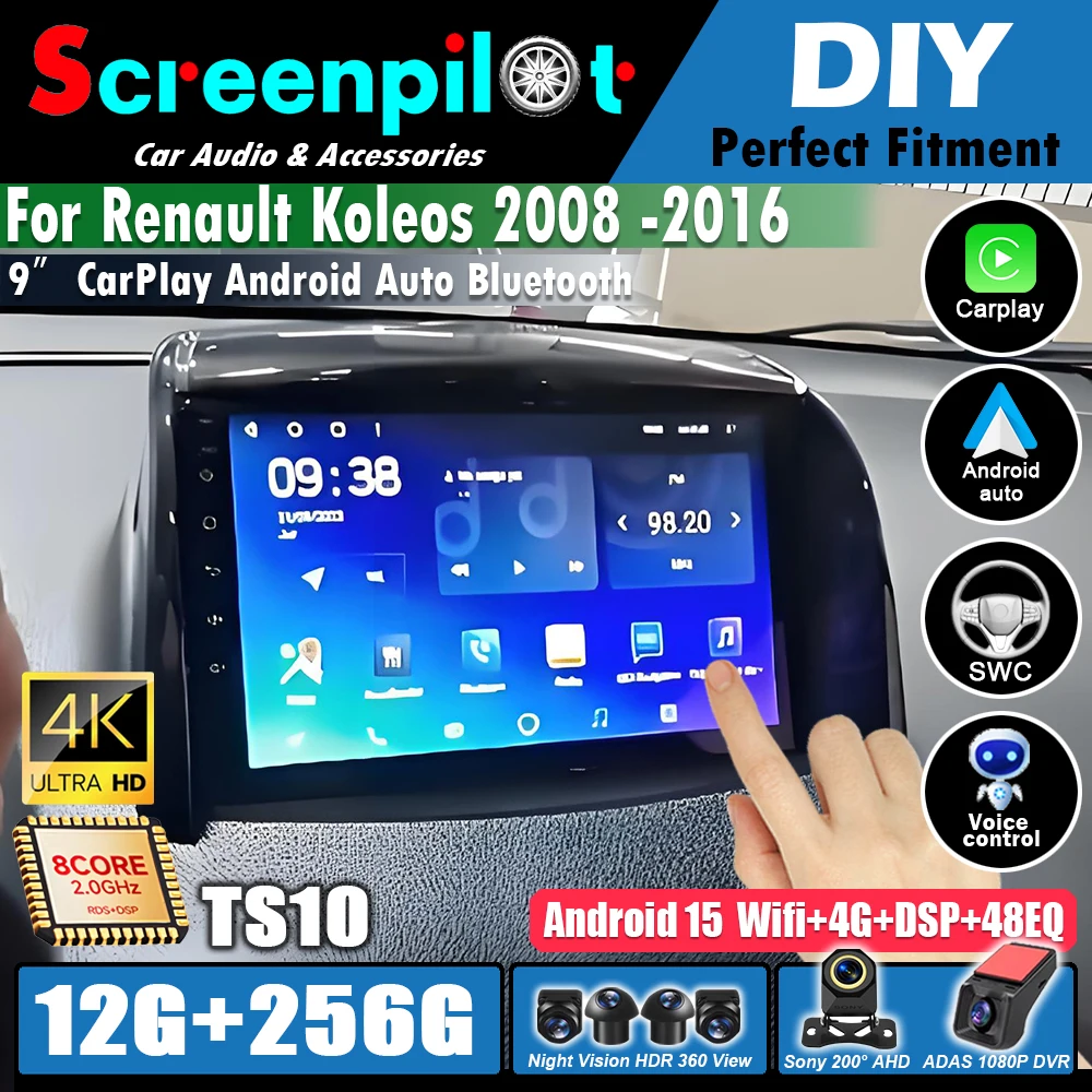 Android 16 Carplay Auto DSP para Renault Koleos 2008-2016, Rádio Automotivo com GPS, Navegação, 2 Din, Reprodutor de DVD, Vídeo, Unidade Principal com WiFi