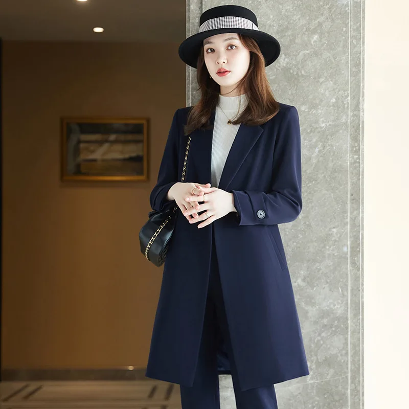 2022 Winter High-end Women\'s Business Suit Pants Two-piece Set Temperament Slim Solid Color Lady Double Breasted Trench Coat