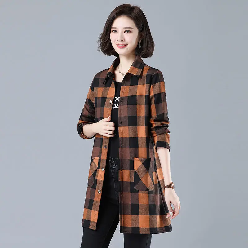 Autumn Winter New Pockets Patchwork Plaid Blouse Fleece Long Sleeve Polo Neck Loose Shirt Tops Casual Vintage Women Clothing