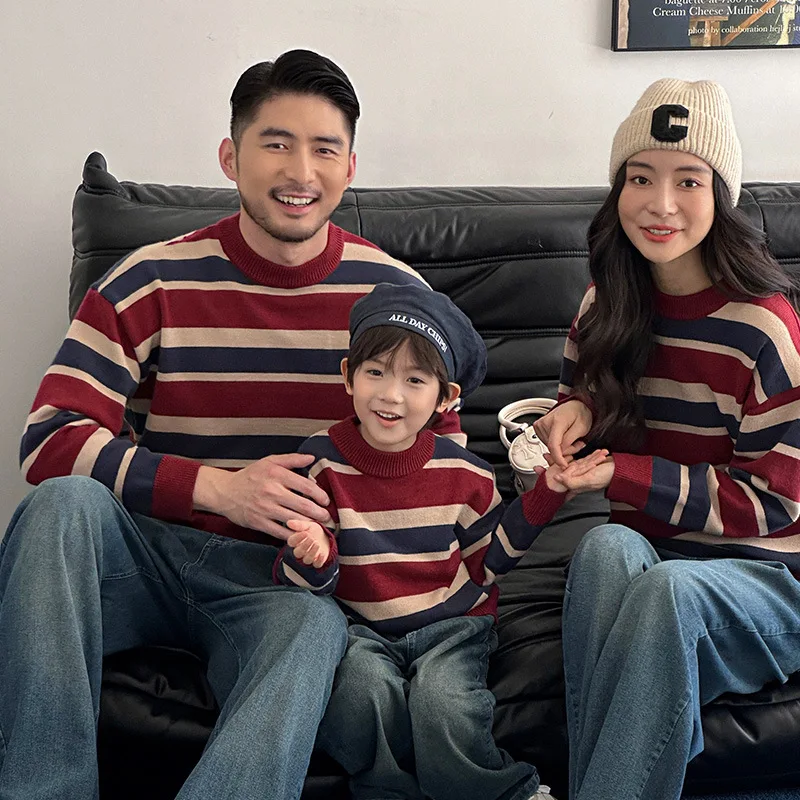 Korean Style Mom Dad Kids Matching Outfits Striped Knitting Sweaters Full Sleeve Pullover Warm Soft Knitwear Family Look Jumpers
