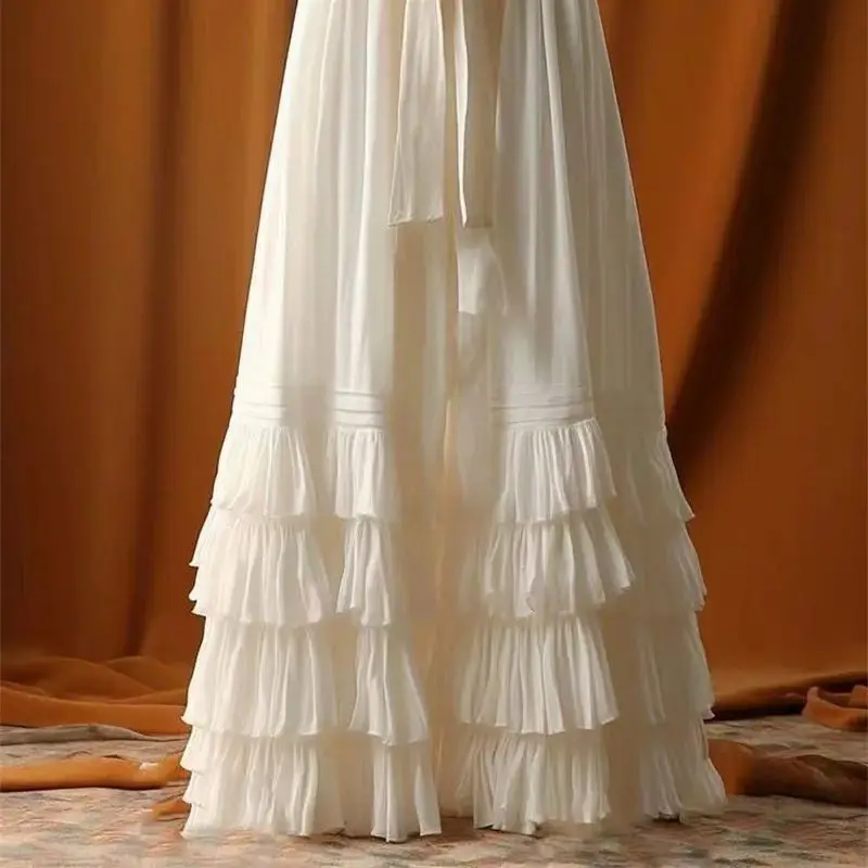 여성 하이웨이스트 레이스업 파티 주프 406P 빈티지 고딕 멀티 레이어 러플 케이크 스커트 프렌치 엘레강스 로리타 미디 스커트 스윗