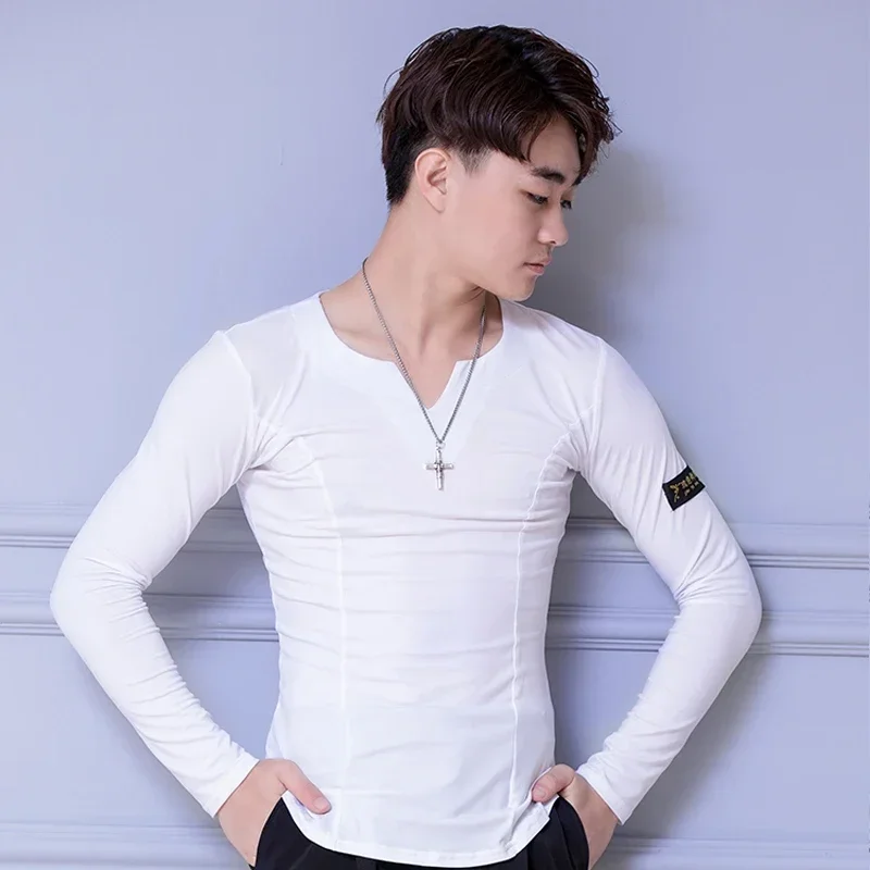 New Ballroom Dance Shirt Men Adult Long Sleeve Gray/Black/White Practice Costumes Tango Salsa Samba Latin Dance Top M-XXXL VO363