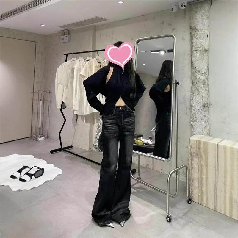 

American High Waist Bell Bottom Denim Jeans Women's Faded Black Spring Summer Thin Slimming Drapey Dragging Ground Pants