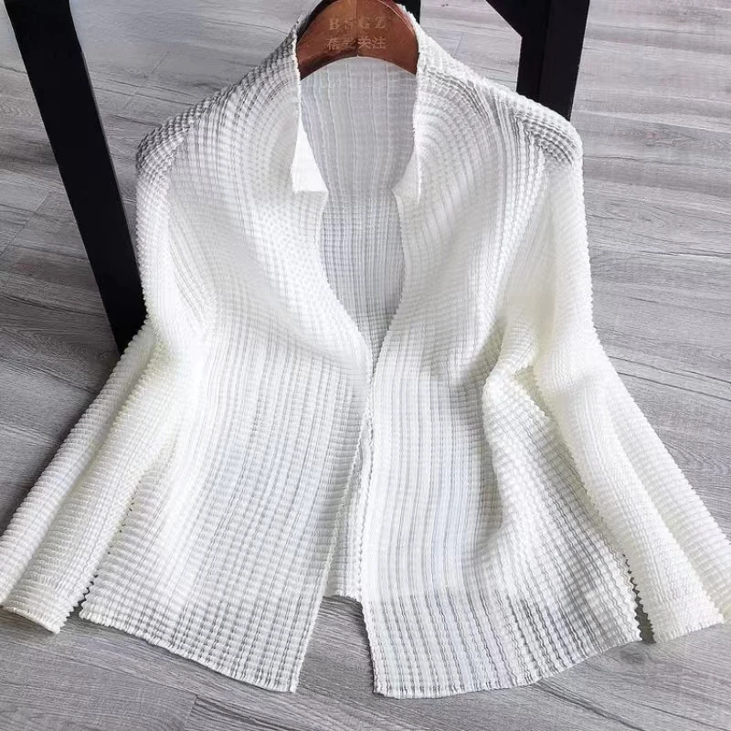 Cardigan plissettato 2023 nuova estate manica lunga camicia sottile donna Crop top Vintage giacca moda coreana abbigliamento protezione solare