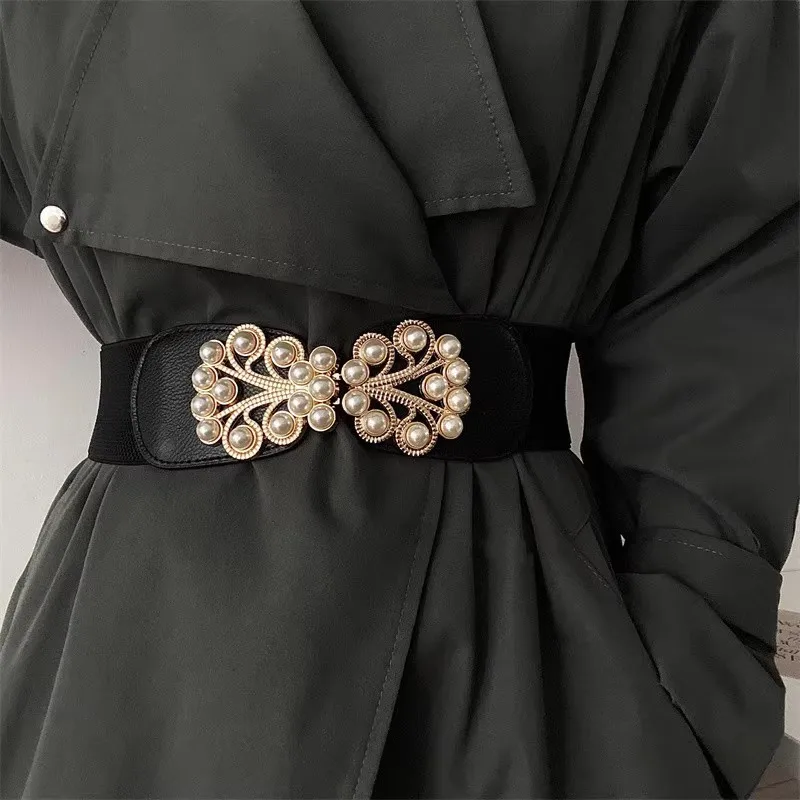 Women's Fashion Pearl Buckle Elastic Corset Female Cummerbund Coat Waistband Dress Decration Wide Belt  J316