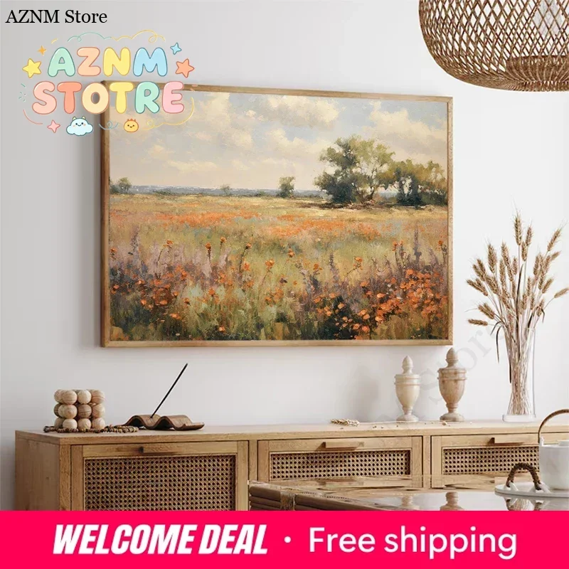 Wildflower Field Landscape Poster Vintage Rustic Moody Summer Cottage Country Scenery Canvas Painting Wall Art Room Home Deco