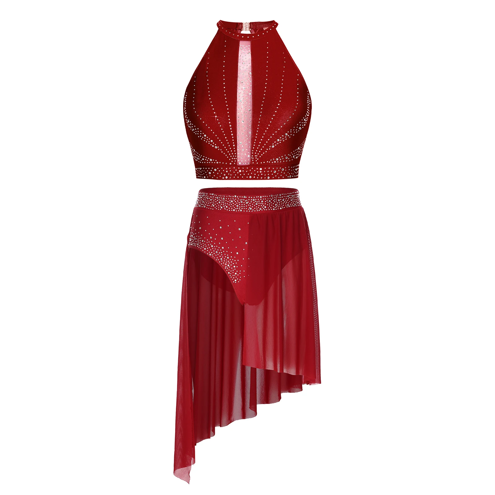 Women Modern Dance Set Sleeveless Keyhole Back Rhinestone Crop Top with Side Split Irregular Hem Skirt for Lyrical Dance Outfit