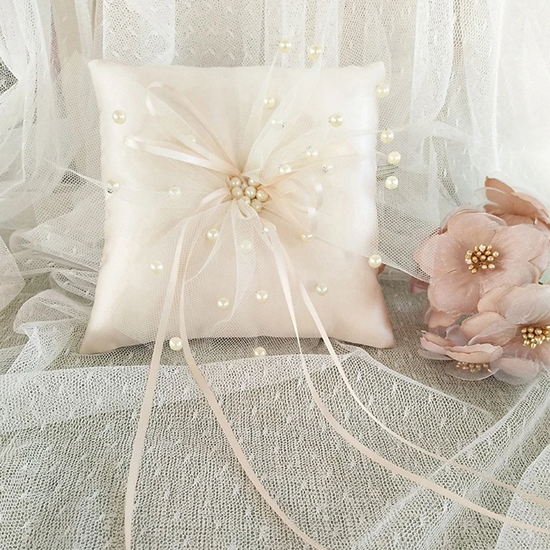 15x15cm European Romantic Bridal Wedding Ring Pillow Double Heart White Blue Handmade Ribbon Cushion Decor for Wedding Ceremony