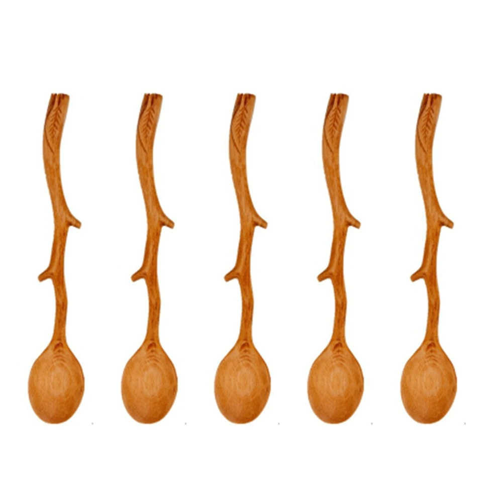 5 Pcs Japanese Style Beech Spoons,Branch Shape Long Handle Scoop,Coffee Stirring Spoon,Tableware