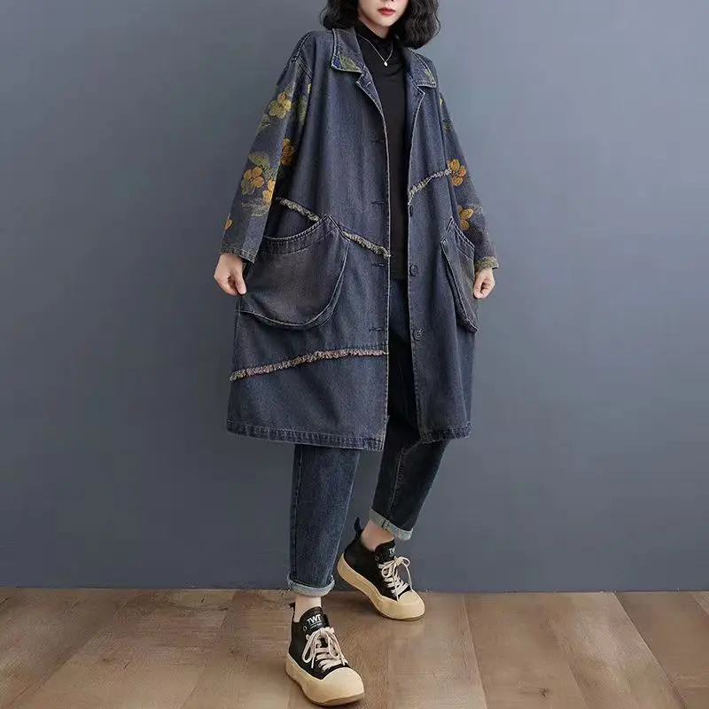 Trench in Denim da donna Vintage per donna 2024 autunno nuova stampa giacca di Jeans a maniche lunghe giacca a vento in Denim allentato Casual