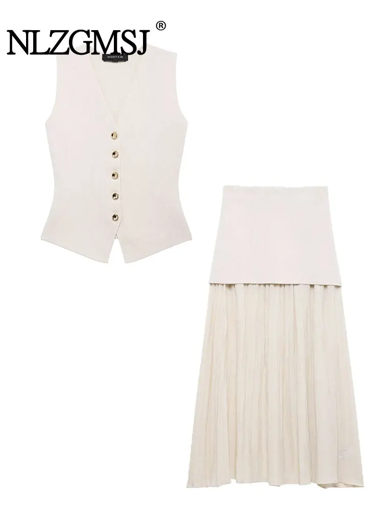 

Весна 2025 года, винтажный повседневный шикарный вязаный женский костюм на пуговицах с v-образным вырезом, короткий жилет, плиссированная длинная юбка, новый летний модный комплект