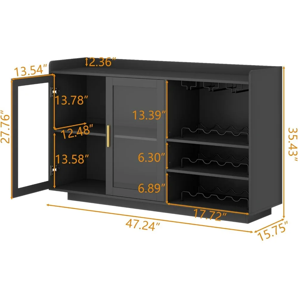 Wine Bar Cabinet with LED Lights, with Glass Rack and Removable Wine Racks, Modern Buffet Sideboard with Storage Shelves