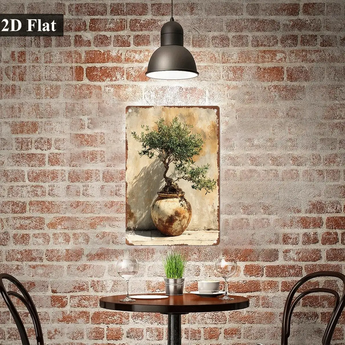 A Vintage Metal Sign Featuring an Olive Tree in an Ancient Jar, Ideal for Decorating Kitchens, Living Rooms, Offices, Cafes