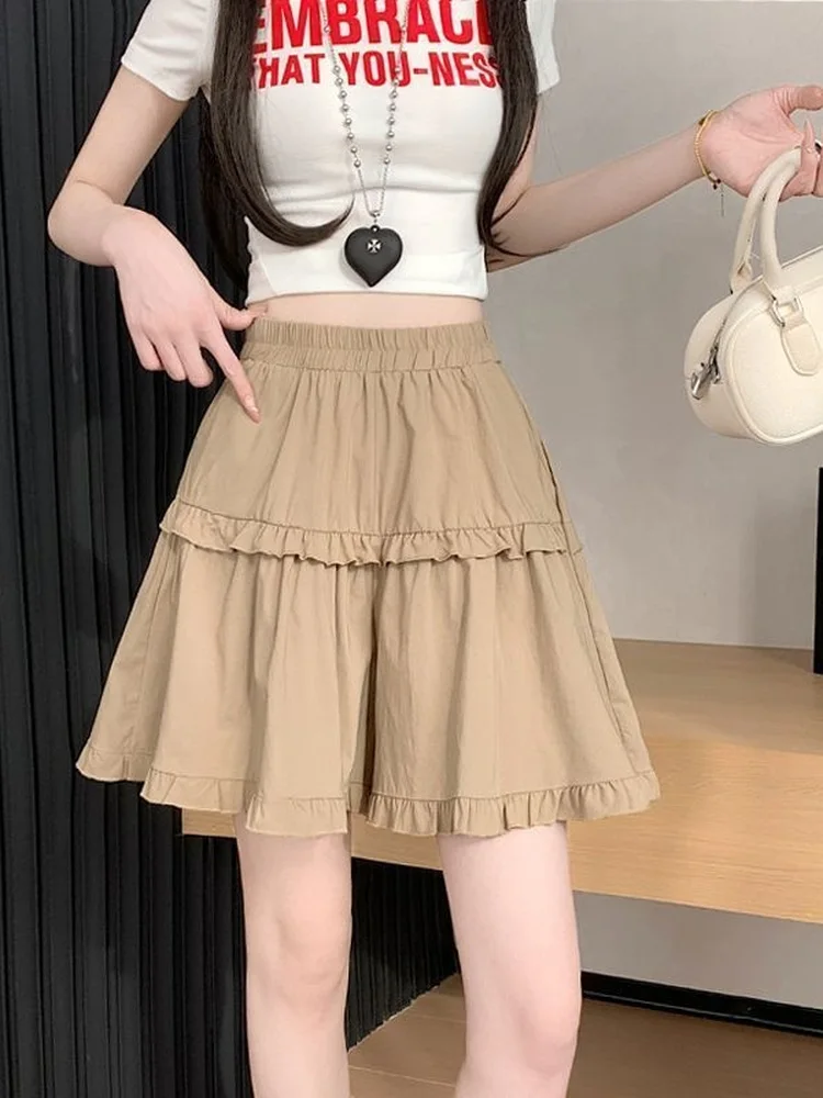 Khaki Color Wooden  Ice Silk Wide Leg Short Pants Skirt Women plus Size Elastic High Waist A-Line  Skirt Pants