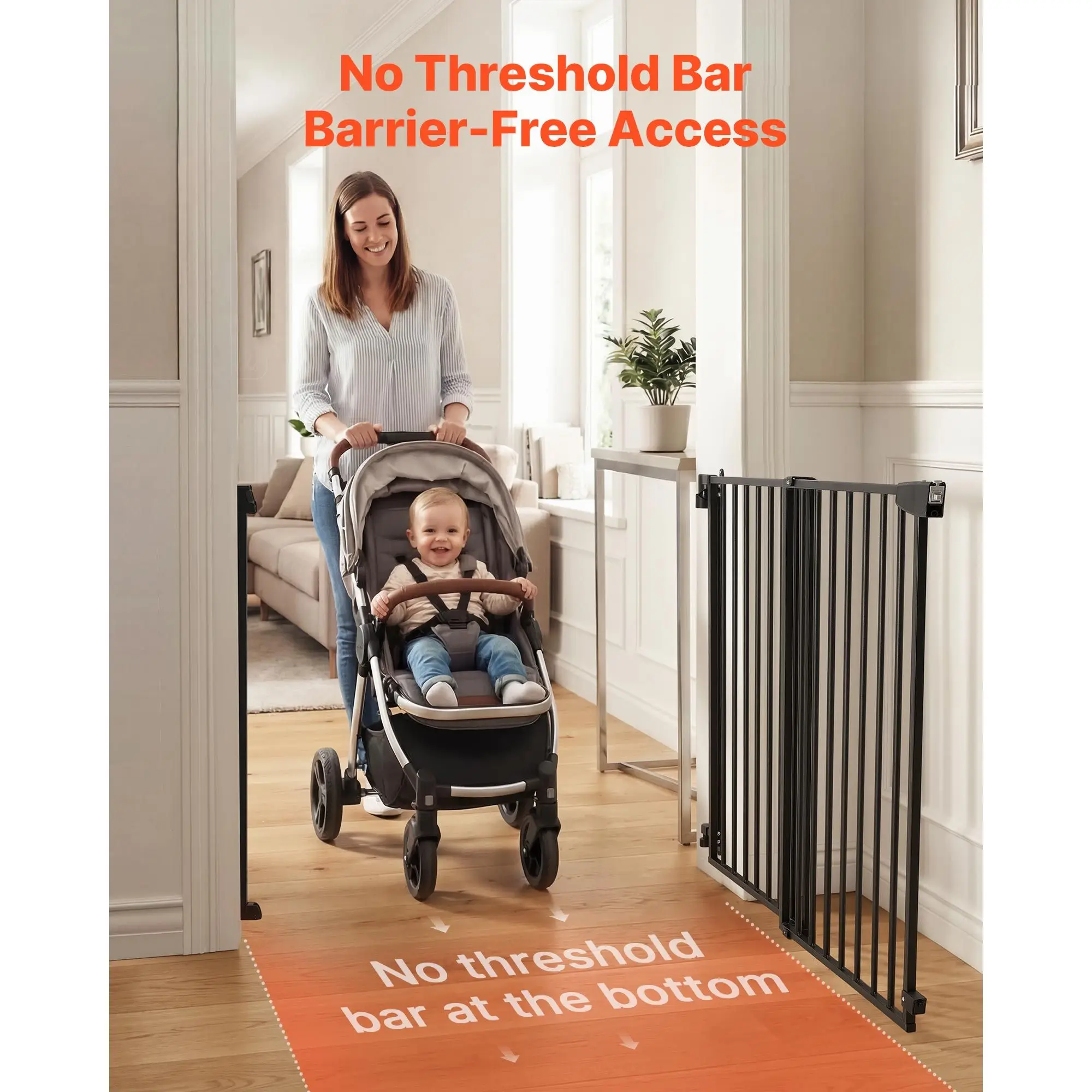 Baby Gate for Stairs, 31-48 in Adjustable Width, 30 in High Dog Gate, No Bottom Bar, One-Handed Operation, Easy Drilling