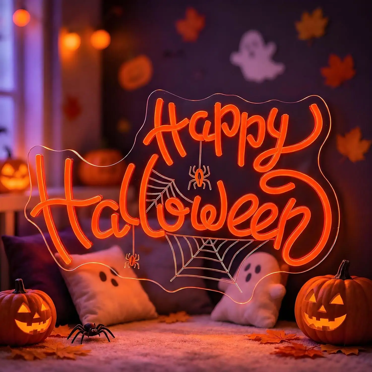 Happy Halloween Neon Sign LED Spider Web Neon Light USB Wall Hanging Lamp for Halloween Party Bedroom Window Home Decor Gift