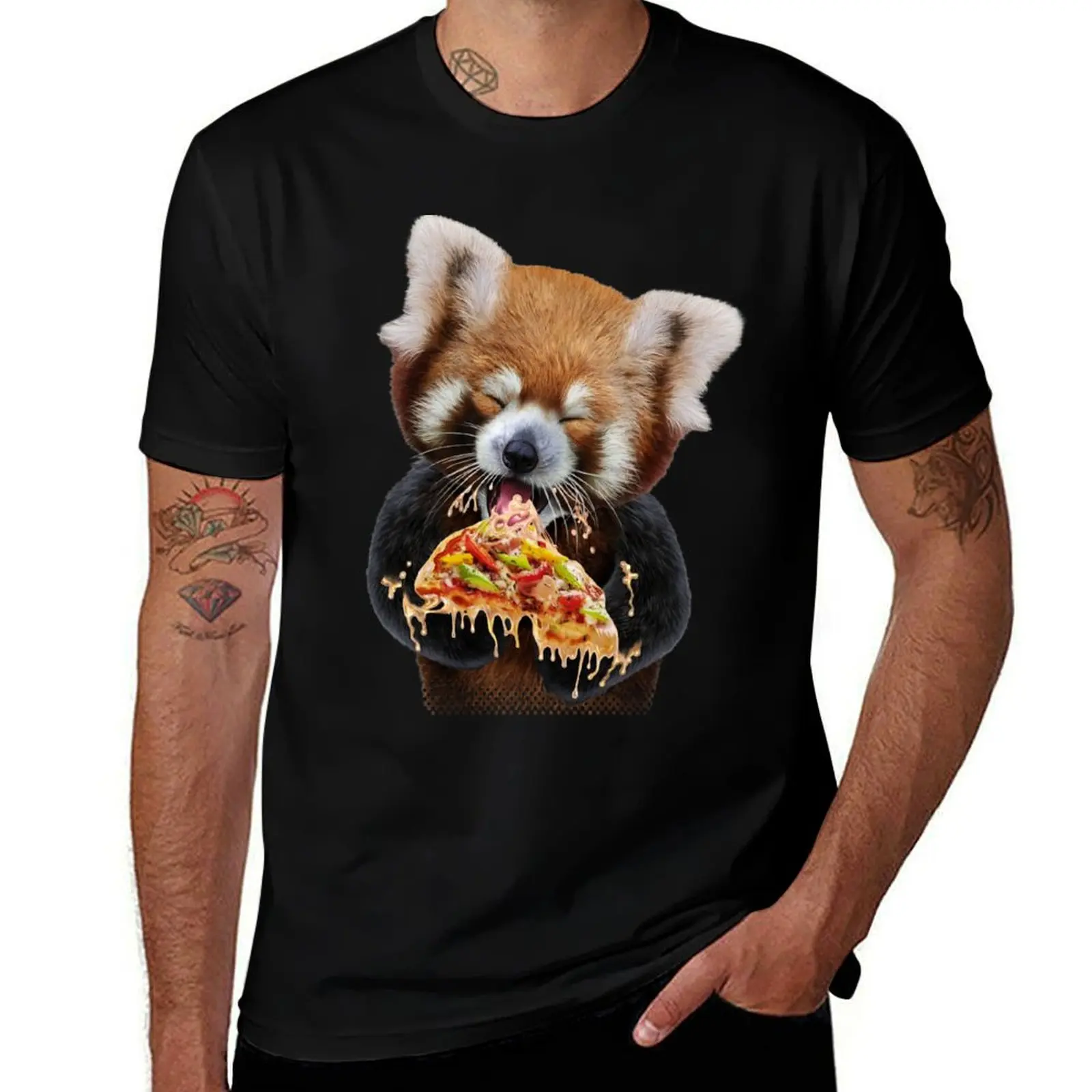 Red Panda Devouring Pizza T-Shirt Casual Basic Short Sleeve T-Shirt