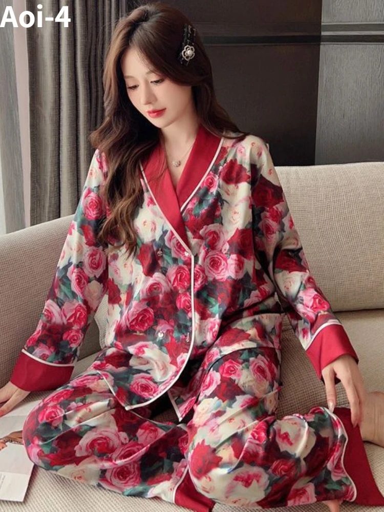 Vintage Red Rose Ice Silk Pajamas Women Spring Autumn New Double Top Shirt+Trousers Large Size Loose Outer Wear home clothes Set