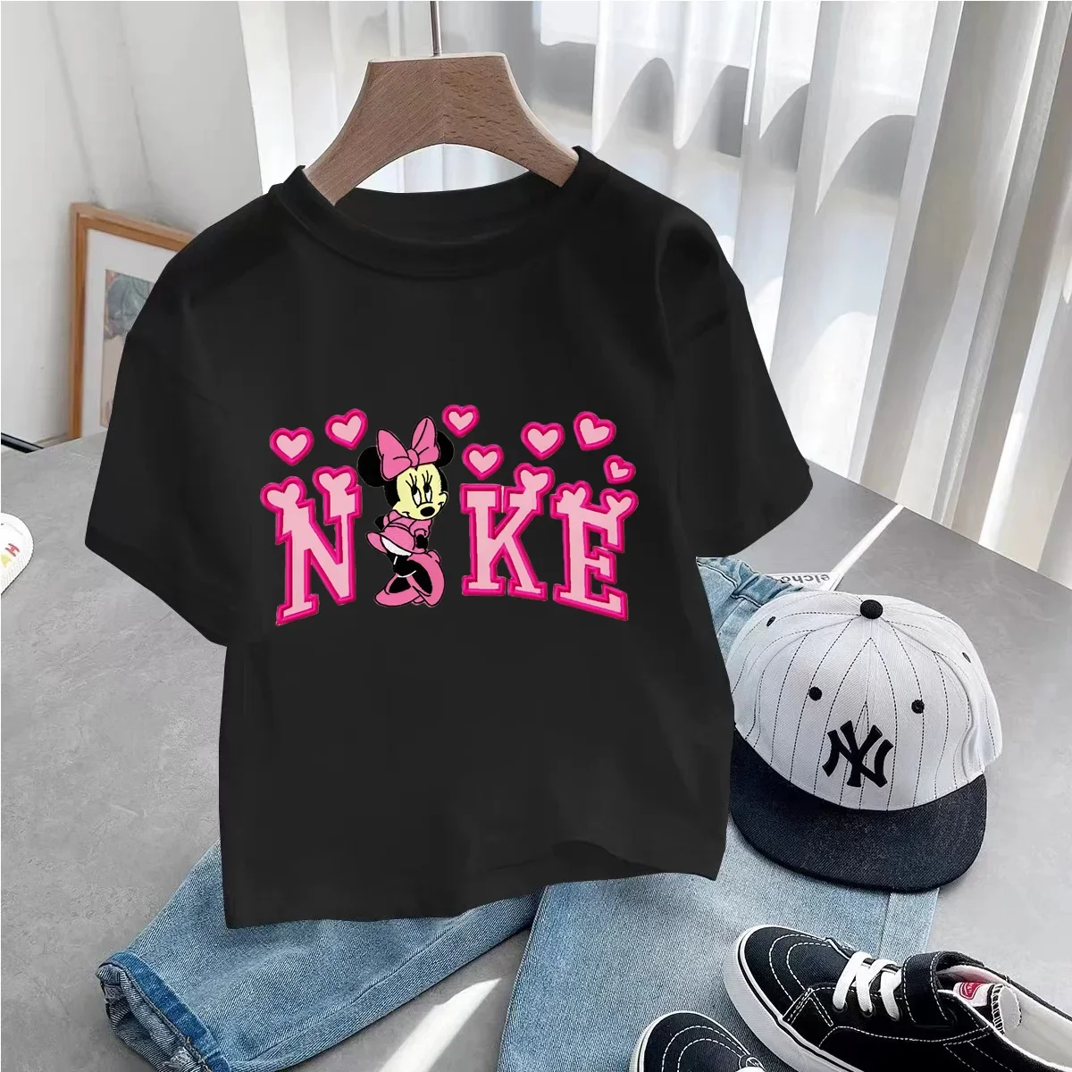 Disney Summer T-shirt Cute Minnie Mouse T-shirts 3-14 Y Girls Pink T Shirts Kids Girl Clothes Tops Short Sleeve Tees Clothing