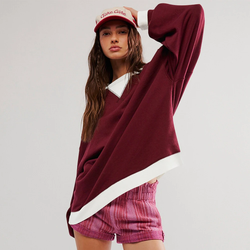 2024 New Women Oversize Sport T-Shirt Long Sleeve Splicing Color O-Neck Sweatshirt Fitness Gym Sport Pullover Top Autumn