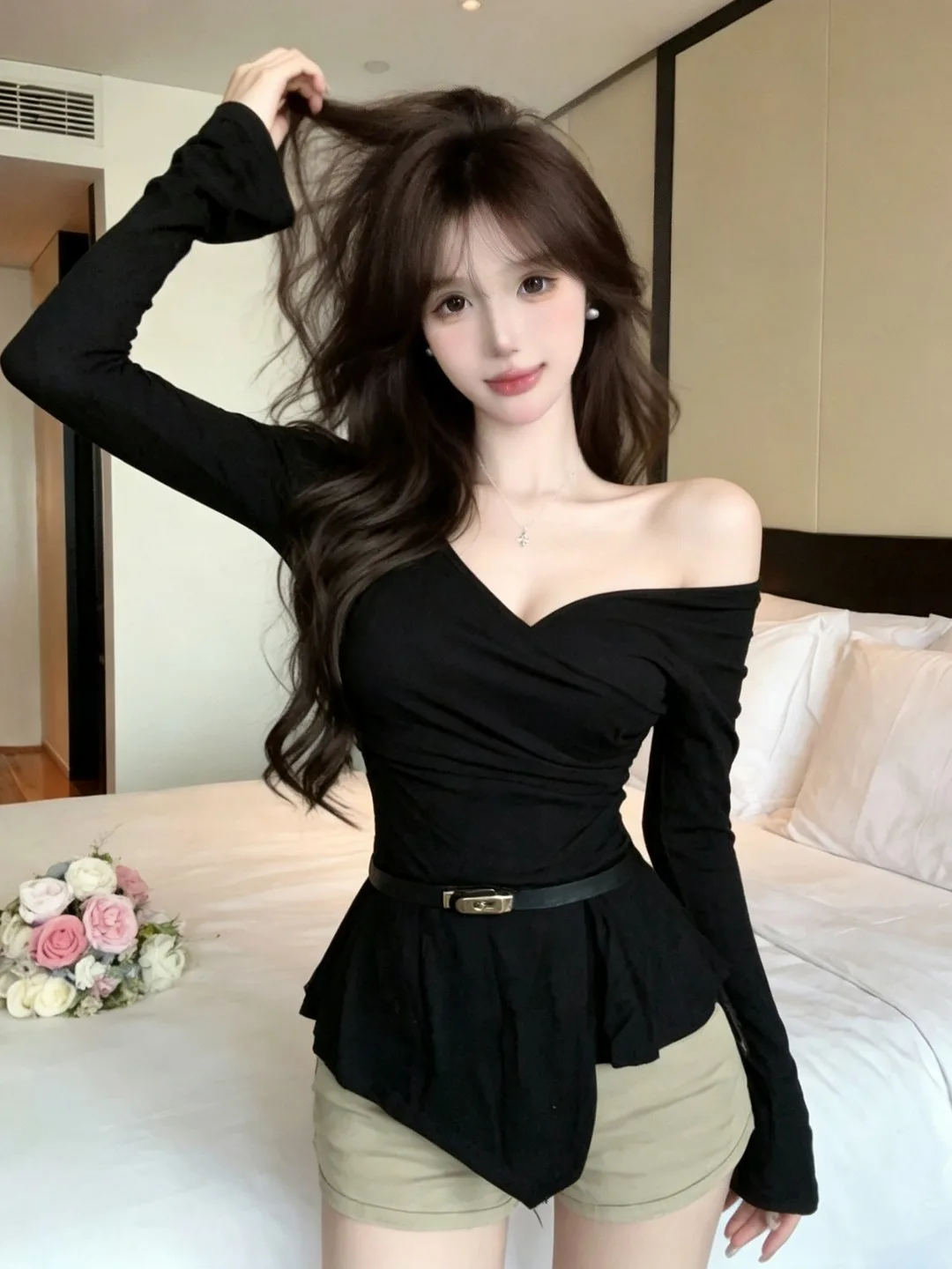 Early Autumn Long Sleeve V Neck T Shirt Bell Sleeve Knitted Pure Color Top with Belt Matching Lockbone  Girl Casual Style