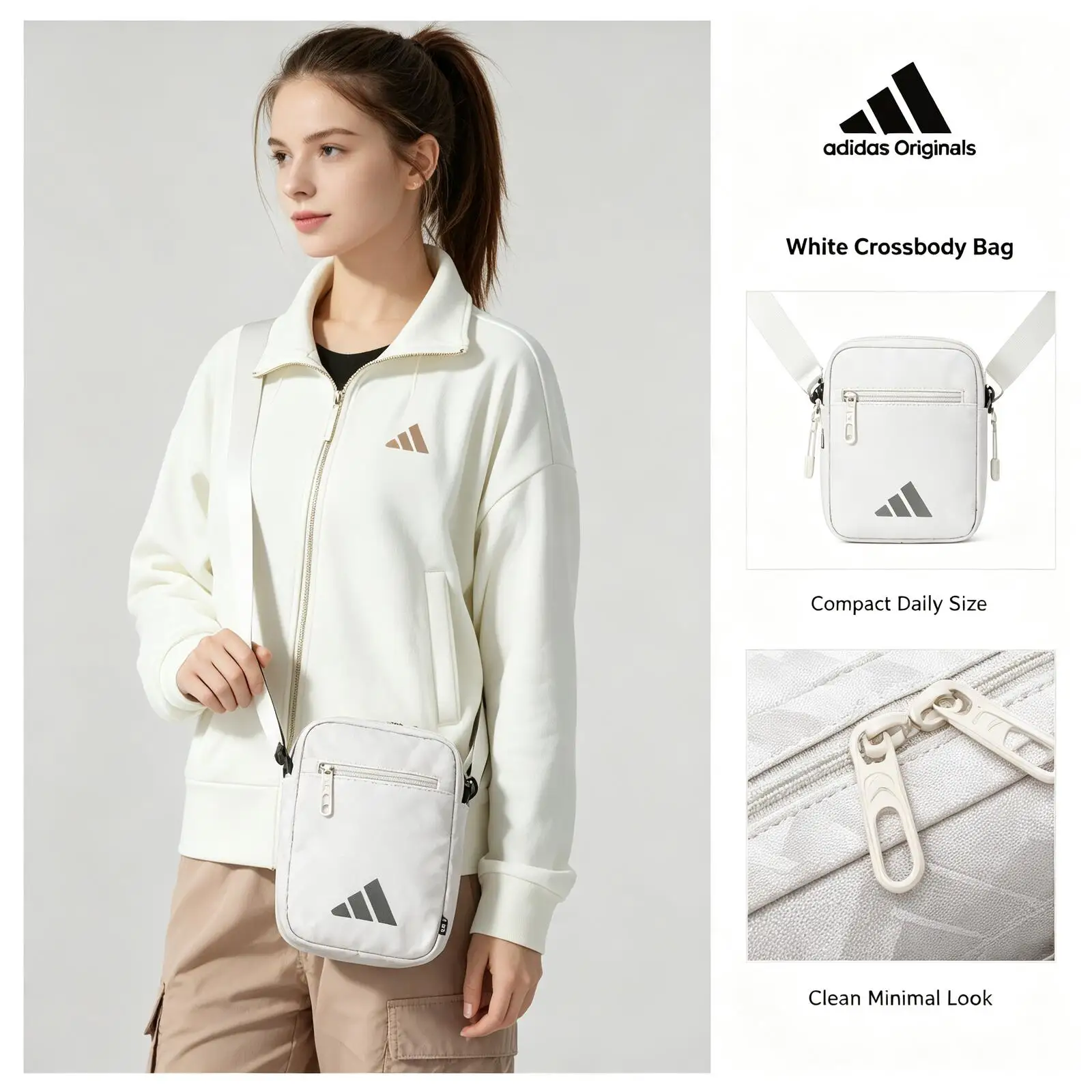 Adidas Originals Women White Crossbody Bag Classic Logo Compact Size Adjustable Strap Zipper Closure Casual Daily Shoulder Purse