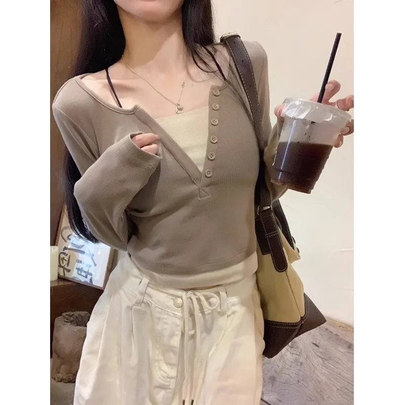 Slim Fit Long Sleeve V-Neck T-Shirt Women's Fashion Autumn New Style Color Block Design Commute Style Korean Version Short Le...