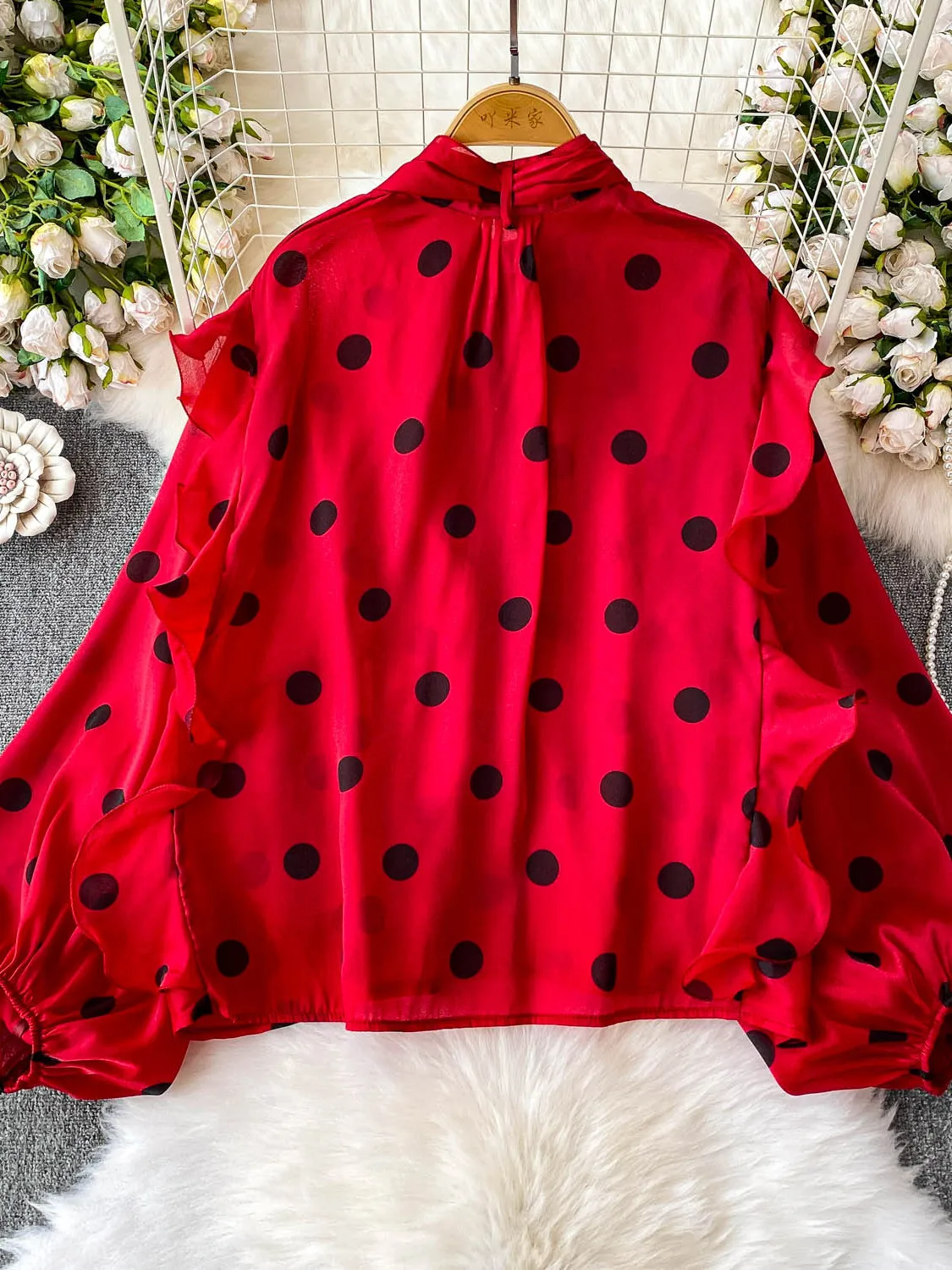 

Summer Polka Dot Bow Tie Stand Collar Lantern Sve Women's irt Loose Slimming Blouse Coat Korean Sle Long Sve UV Pro...