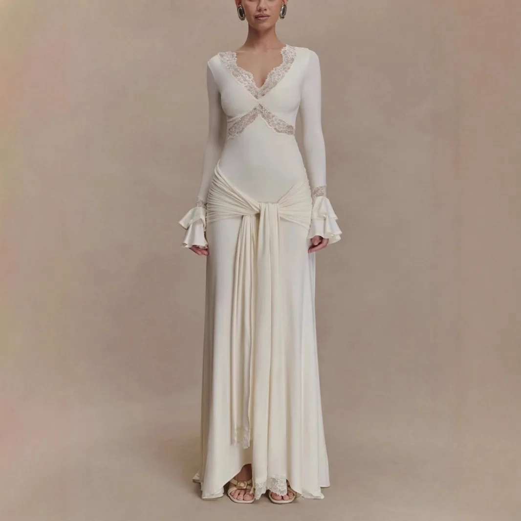 Women's Dress New Long-sleeved Dress With Lace Splicing, Bell Sleeves And Ribbons, Elegant And Slim-fitting Long Dress For Women