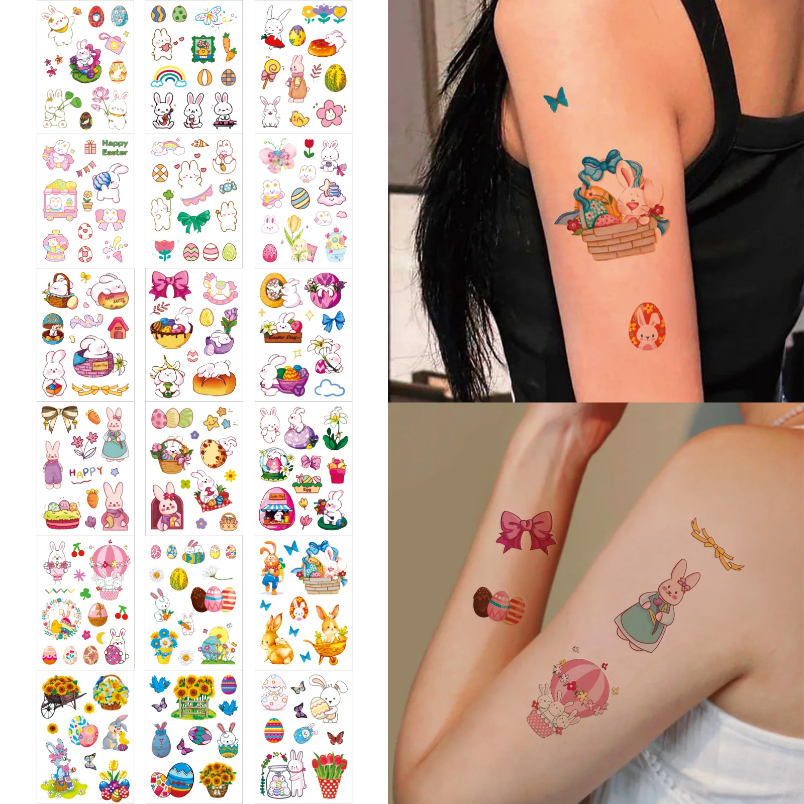 18pcs/set Cartoon Easter Day Temporary Tattoo Stickers, Easter Eggs, Cute Rabbits, Festival Decoration Disposable Tattoo Sticker