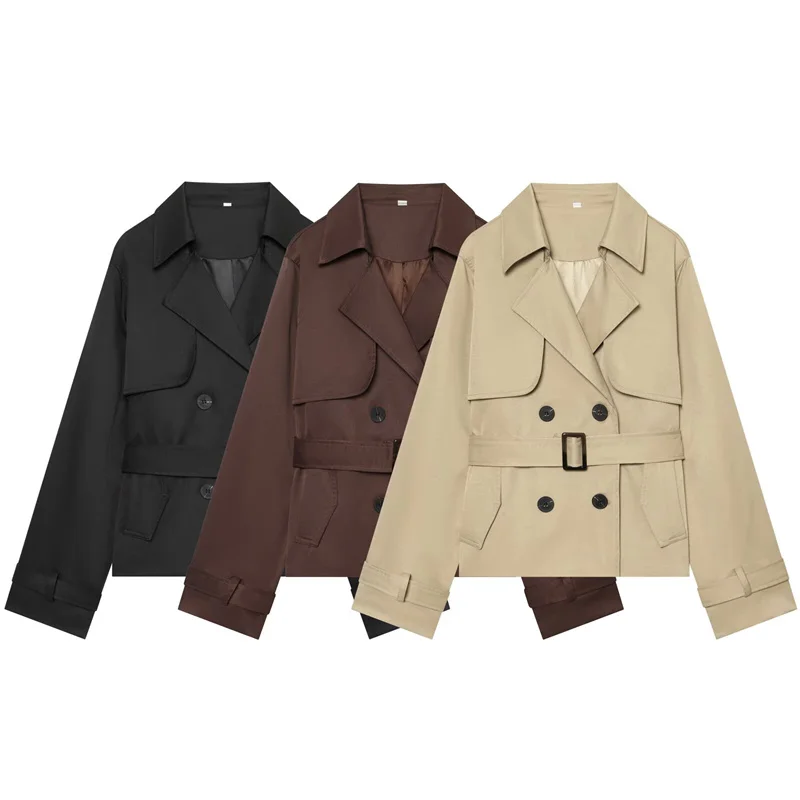 Guobioziy Women's 2026 Spring and Autumn New Fashion Simple Versatile Waist-Reducing Slim Double-Breasted Short Trench Coat