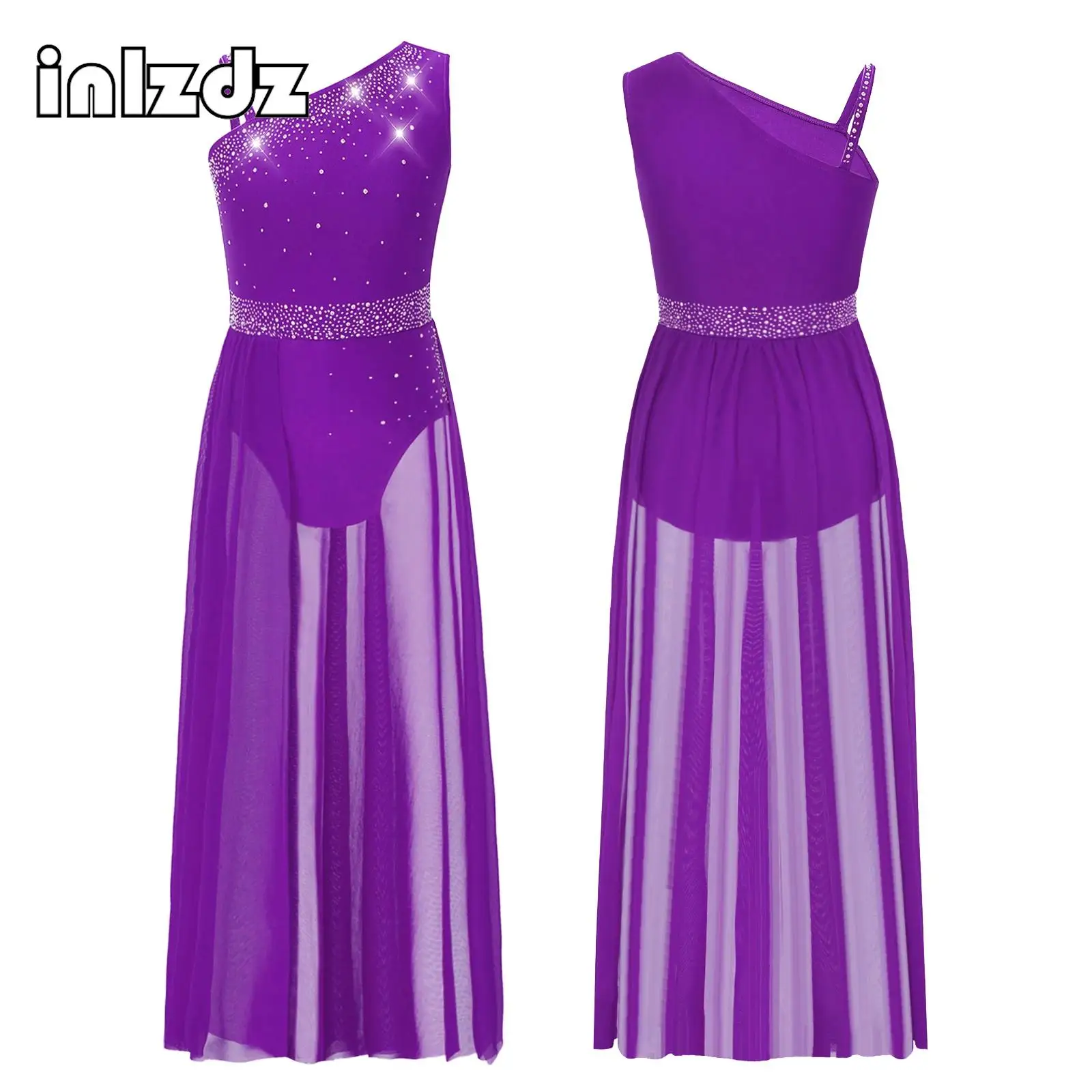 

Girls Rhinestones Modern Lyrical Dance Dress Asymmetrical Sleeveless Ballet Gymnastics Figure Skating Leotard Dress Dancewear