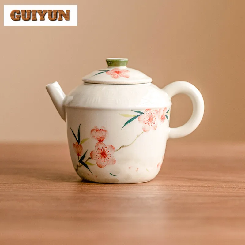 110ml Hand-painted Peach Blossom Teapot Retro Grass Wood Grey Pot Tea Brewing Kettle Creative Gongfu Chinese Tea Set Collection