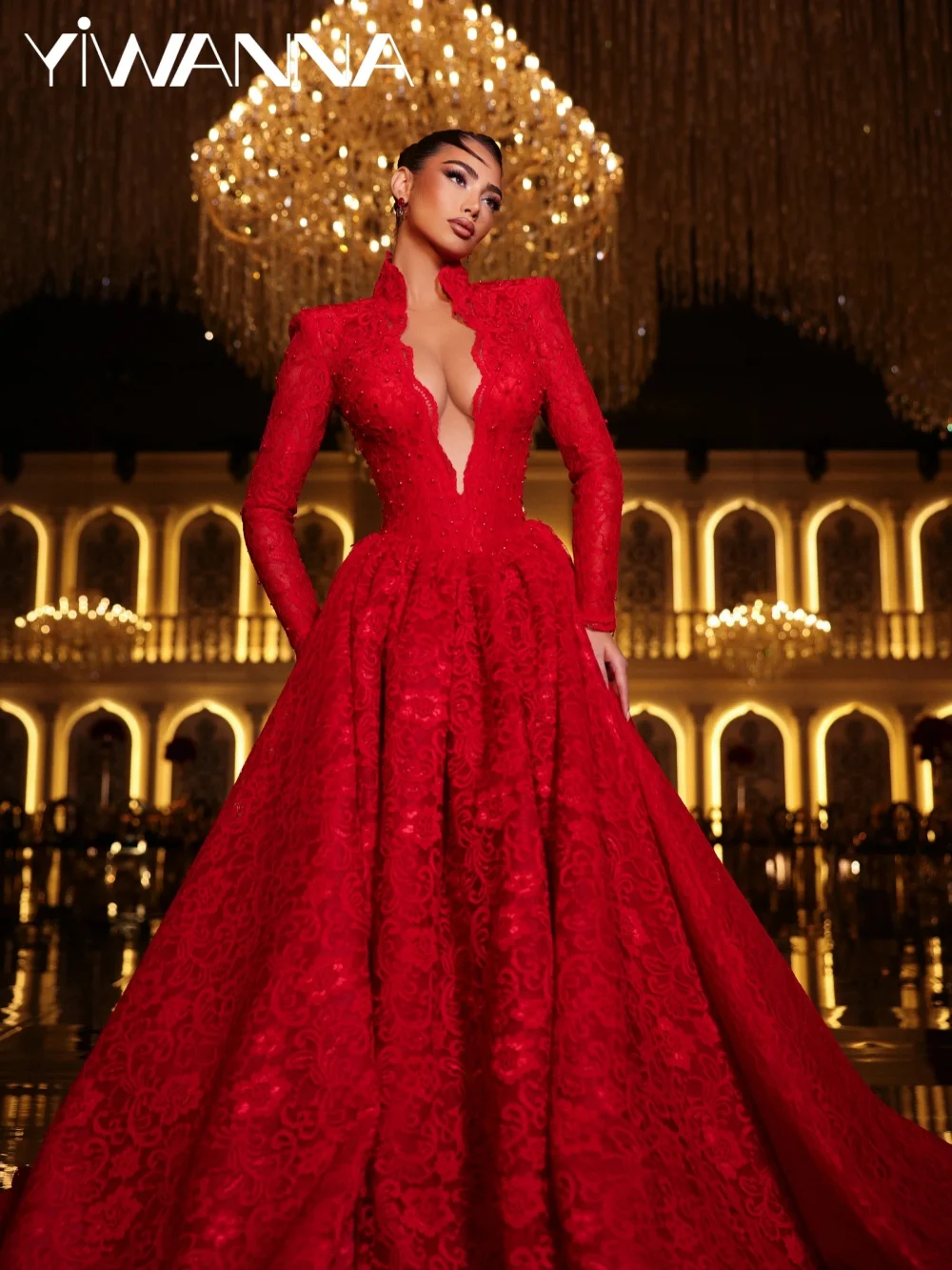 

Red Fully Embroidered Lace Evening Dress Stylish Deep V-neck Princess Wedding Party Gown Customized Charming Long Prom Dresses