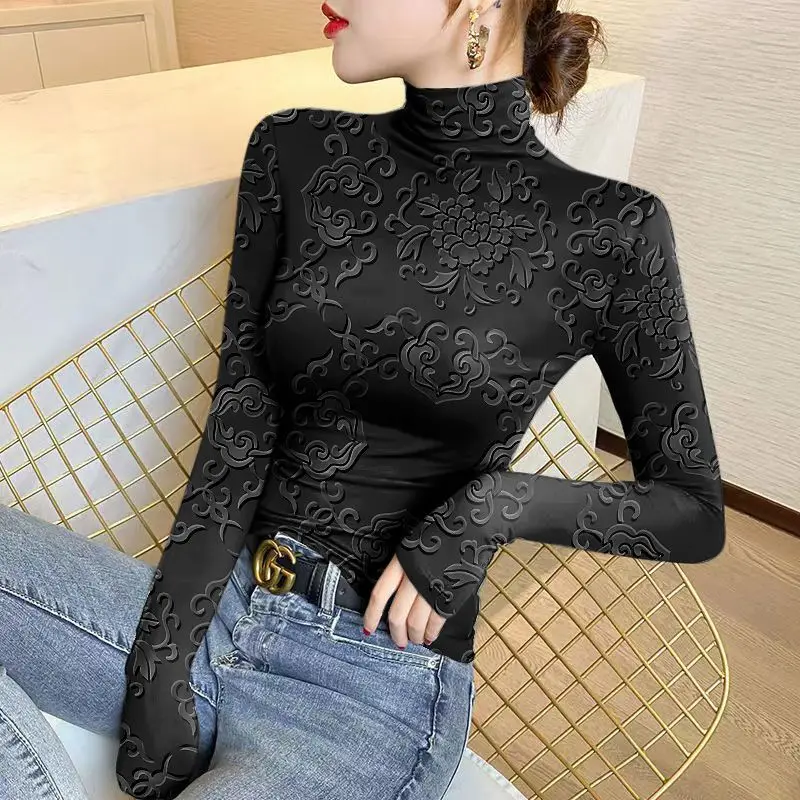 Women\'s Solid Color Pullover Half High Neck Underlay Autumn and Winter New Fashion Printing Long Sleeve T-shirt Slim Sexy Tops