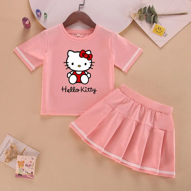 Sanrio Girls Summer Pleated Skirt Short-Sleeved T-Shirt Pure Cotton 2024 New Princess Skirt Thin Cartoon Hello Kitty Gift