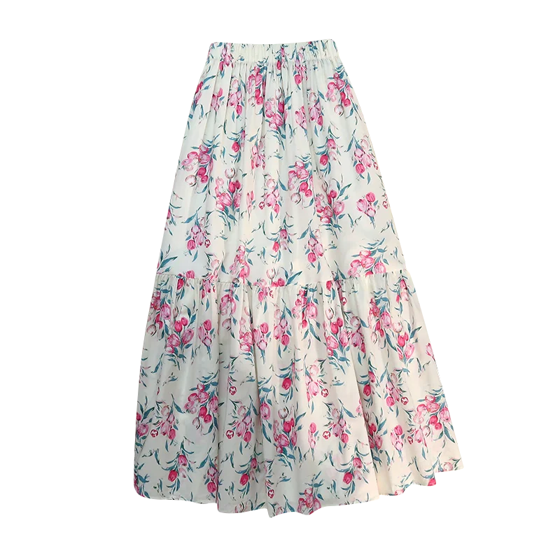 Seoulish-Saia Floral Francesa de Pintura a Óleo Feminina, Cintura Alta, Elegante, Estampada, Casual, Midi, Linha A, Feminina, Novo, 2024