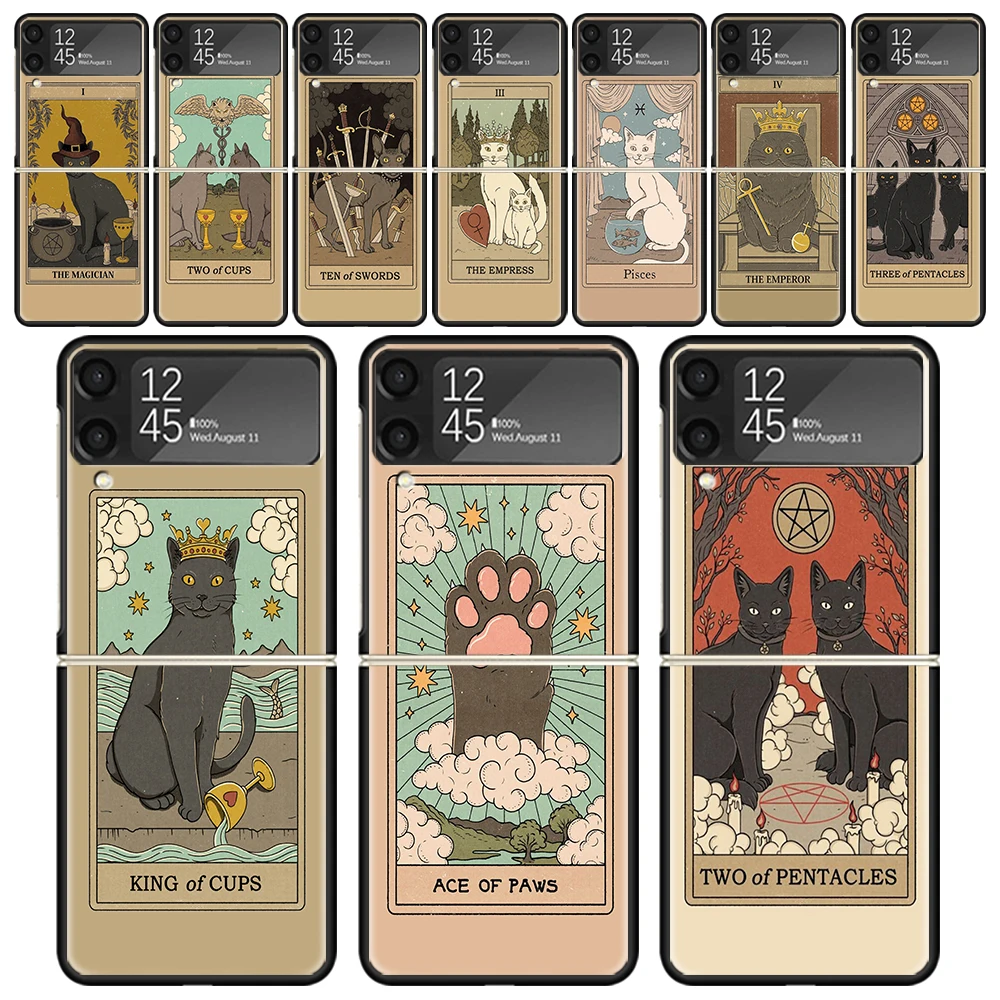 Tarot Card Cute Art Cats Shockproof Folding Mobile Hard Shell For Samsung Galaxy Z Flip 4 3 5G TPU Black Phone Case Flip4 Cover