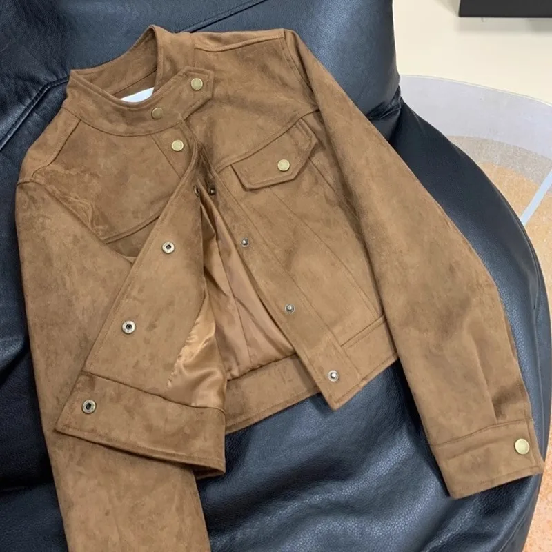 

Spring Autumn Women's Vintage Leather Jacket Coat Stand Collar Long Sleeve Short Motorcycle Streetwear Overcoat Outwears
