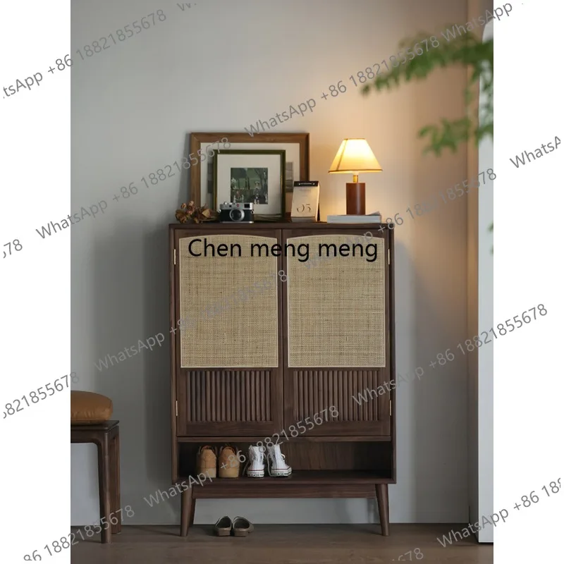 

Retro shoe cabinet, all solid wood entry foyer, small apartment entrance, living room partition cabinet, large capacity rattan