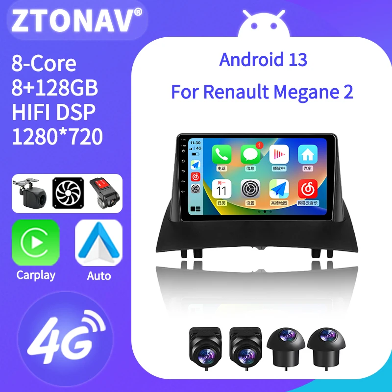 Carplay Car Stereo For Renault Megane 2 2002 - 2009 Car Media Player Android Screen Navigation GPS Carplay Support 360 Camera