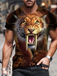 Animal Pattern Men's T Shirt 3D Saber Tooth Tiger Short Sleeve Fashion Personalized T Shirt Retro Loose Oversized Clothing 2024