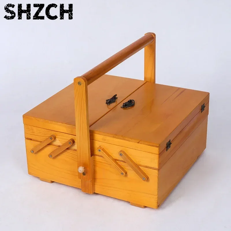 Wooden Sewing Box with Handle Storage Organizer for Cosmetics Case with Handle