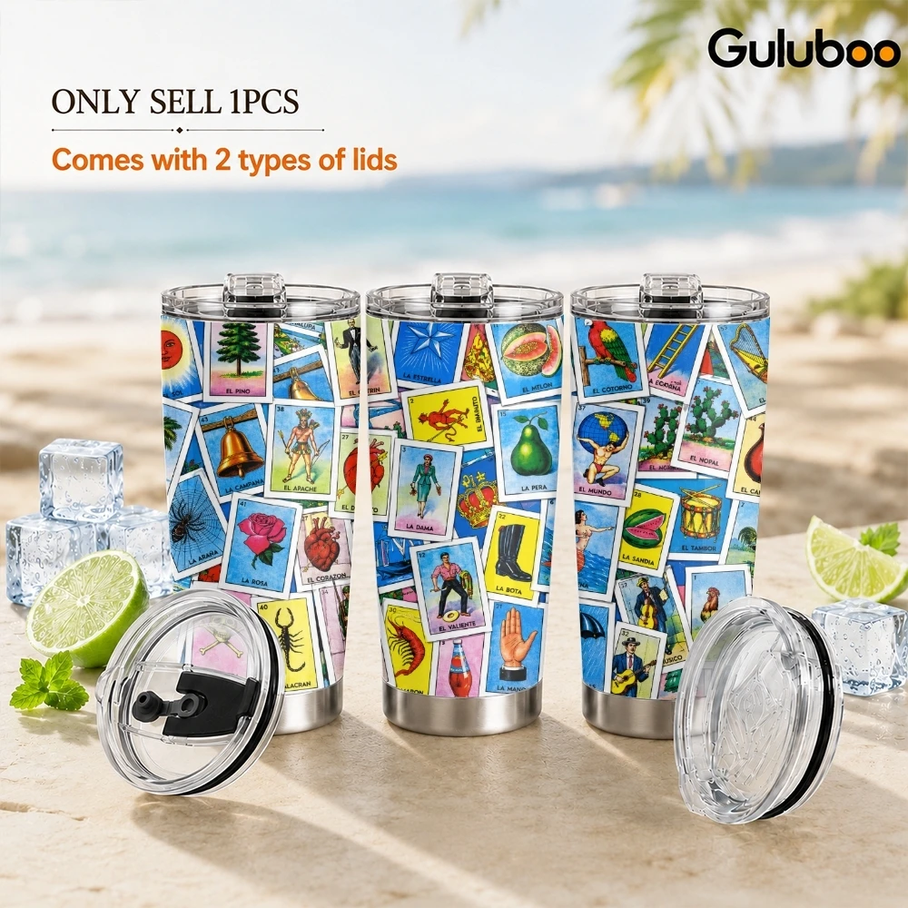 Loteria Design Vacuum Flasks 20oz Insulated Tumbler Stainless Steel Coffee Cup Leakproof Sliding Lid for Work Travel