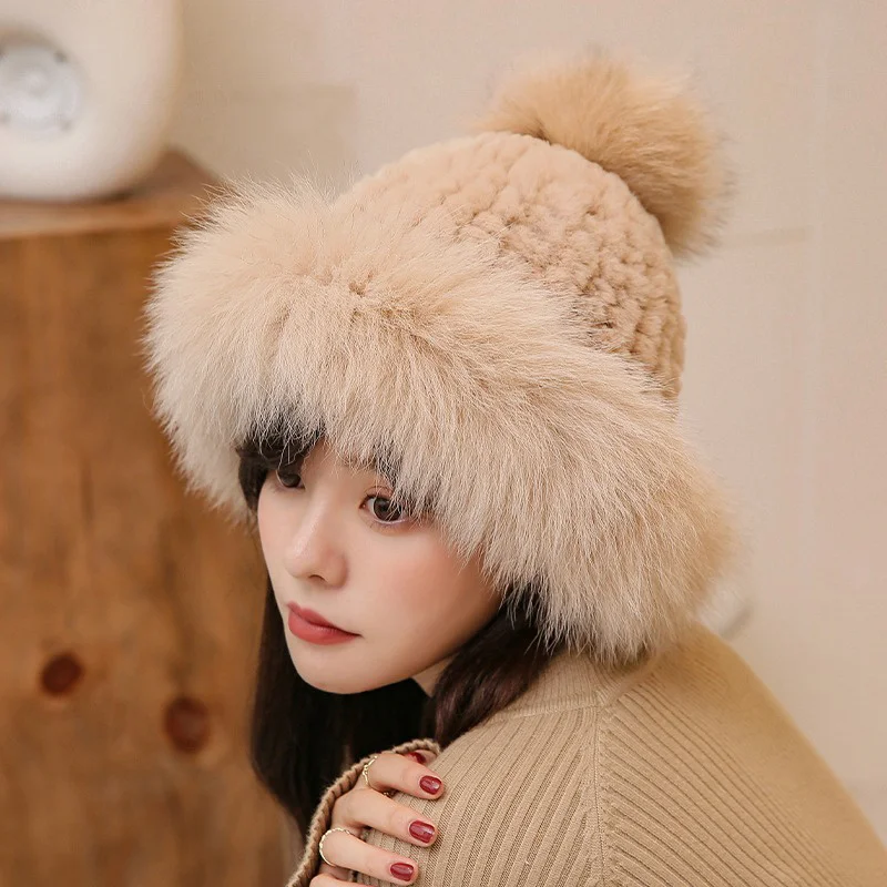 New Women's Fashion Casual Hat Real Fox Hair Thick Warm Hat Fluffy Rabbit Hair Winter Outdoor Plush Elastic Hat 2023