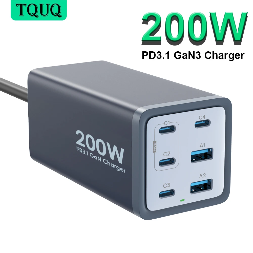 

TQUQ GaN 200W Desktop Charger Station Quick Charge 3.0 PD 3.1 USB-C Type C USB Fast Charging for MacBook Samsung iPhone Laptop