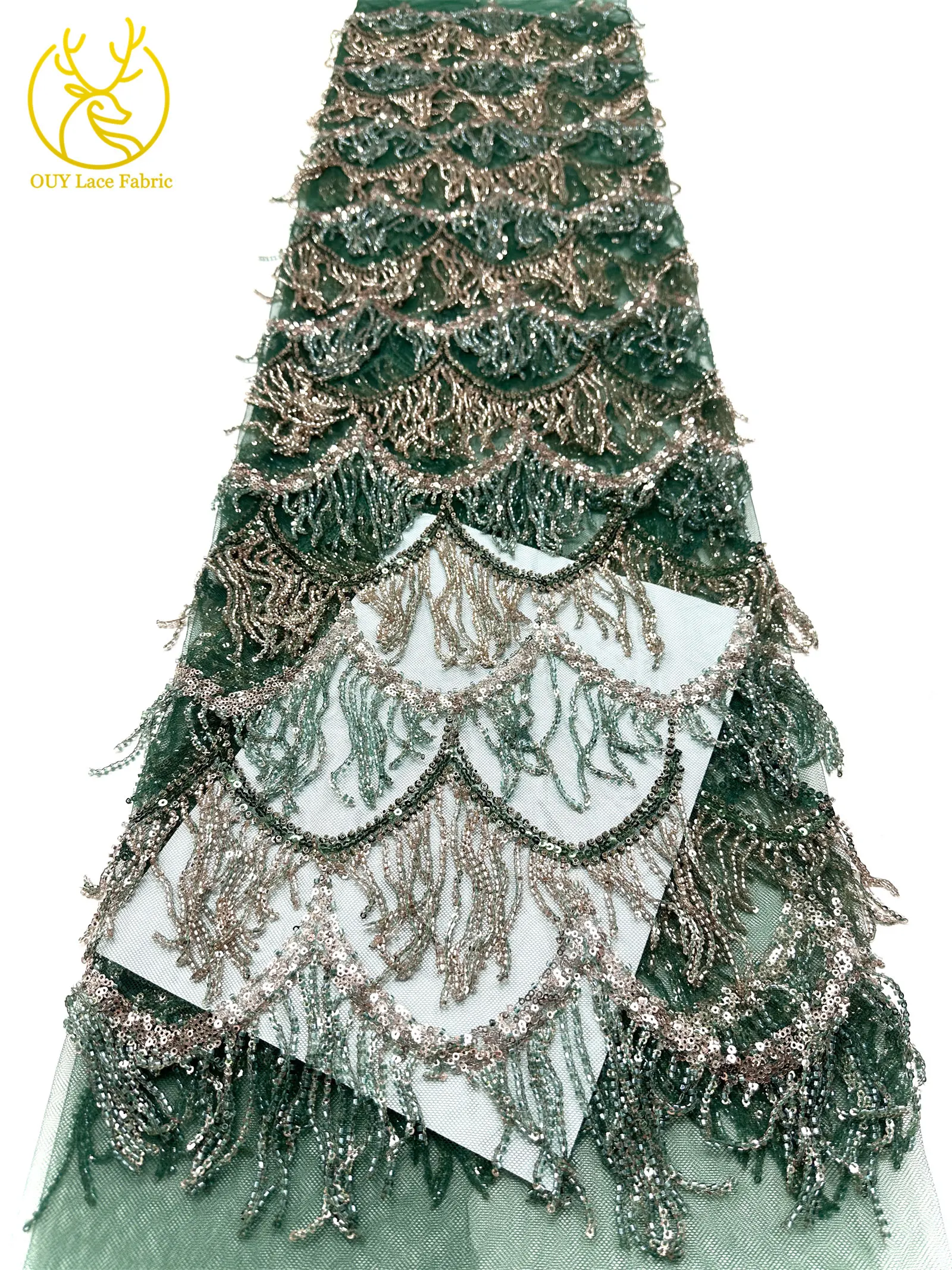 Hochwertiger nigerianischer 3D-Hängeperlen-Spitzenstoff, 5 Yards, hochwertiger französischer afrikanischer Pailletten-Spitzenstoff für Mädchen-Abendpartys – Detail 25