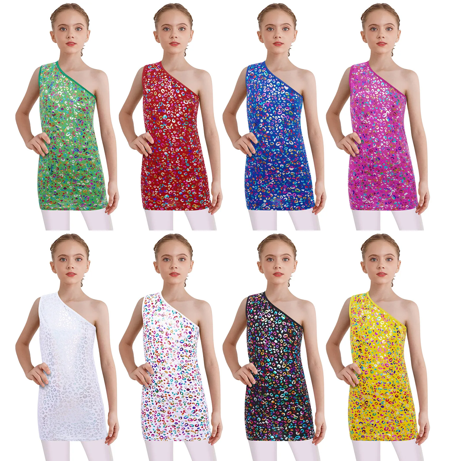 Kids Girls Metallic Dance Dress Cheerleading Stage Performance Costume One Shoulder Sleeveless Leopard for Jazz